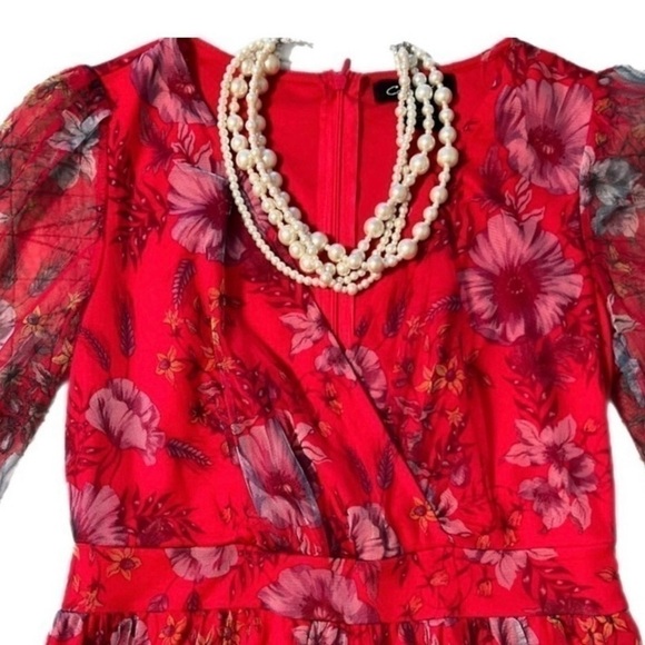 Red Floral Tiered Dress Whimsical Peasant Boho w/Sheer Puff Sleeves Size Small - Picture 2 of 7